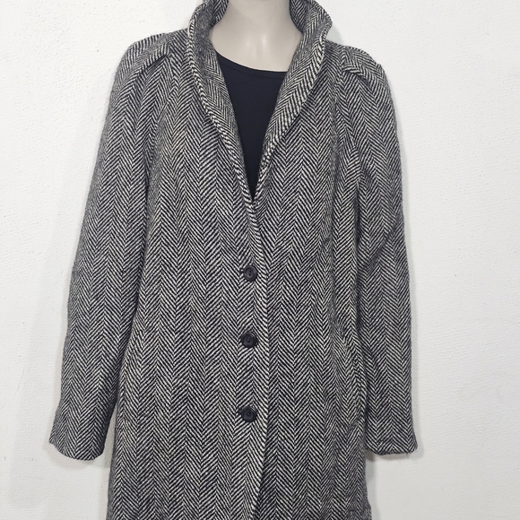 Herringbone Coat Blazer Black and White Pure Wool Button Size 9/10 (Medium) - Picture 4 of 14